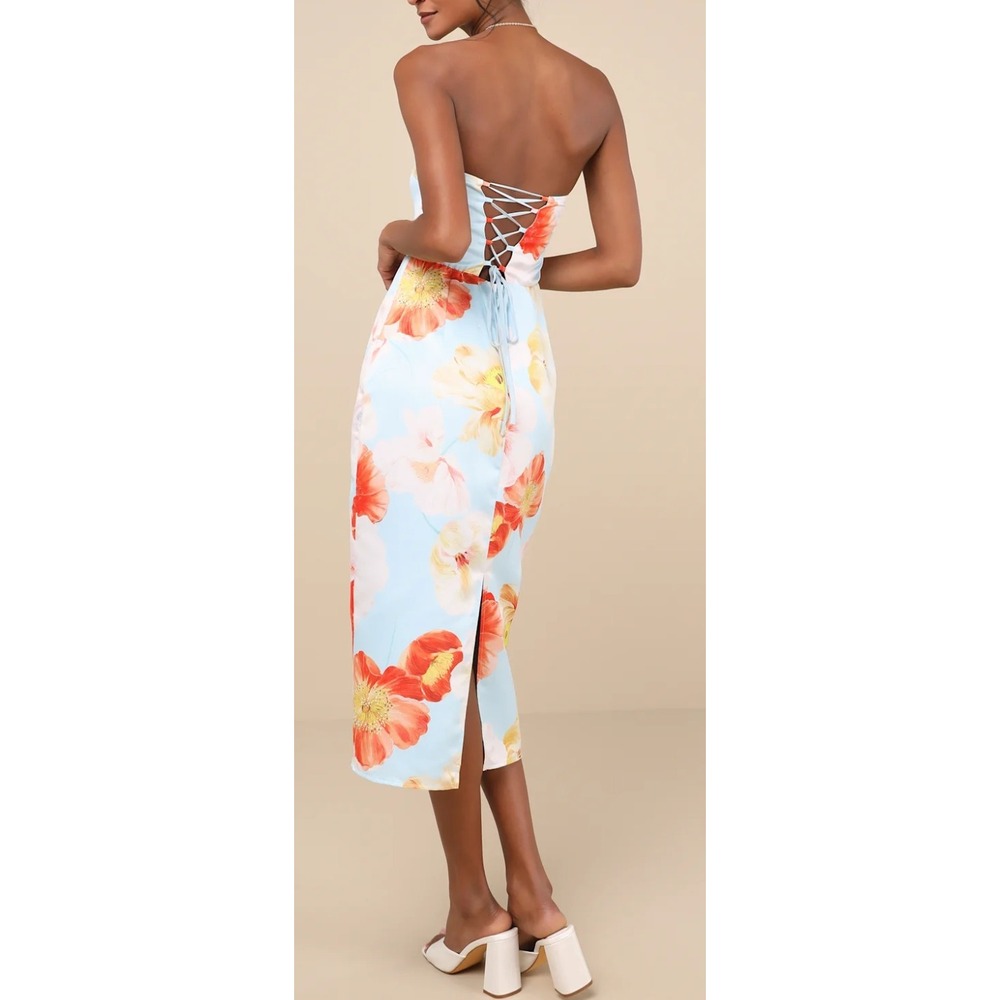 NWT Lulus Oriana Light Blue Floral Satin Strapless Midi Dress Size L - Picture 2 of 7